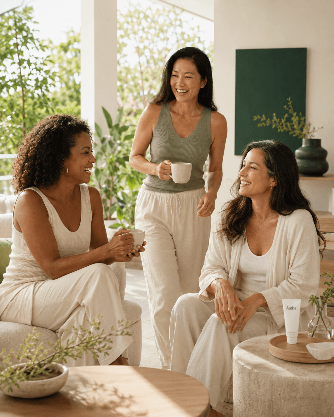 Three women together on a sunlit porch