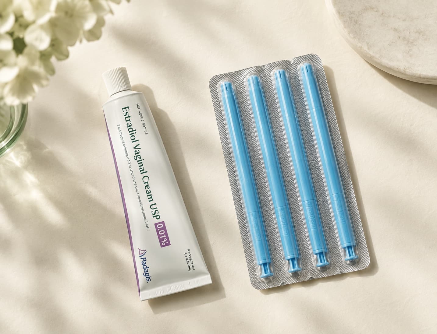 Estradiol vaginal cream tube and three vaginal insert applicators in a blister tray